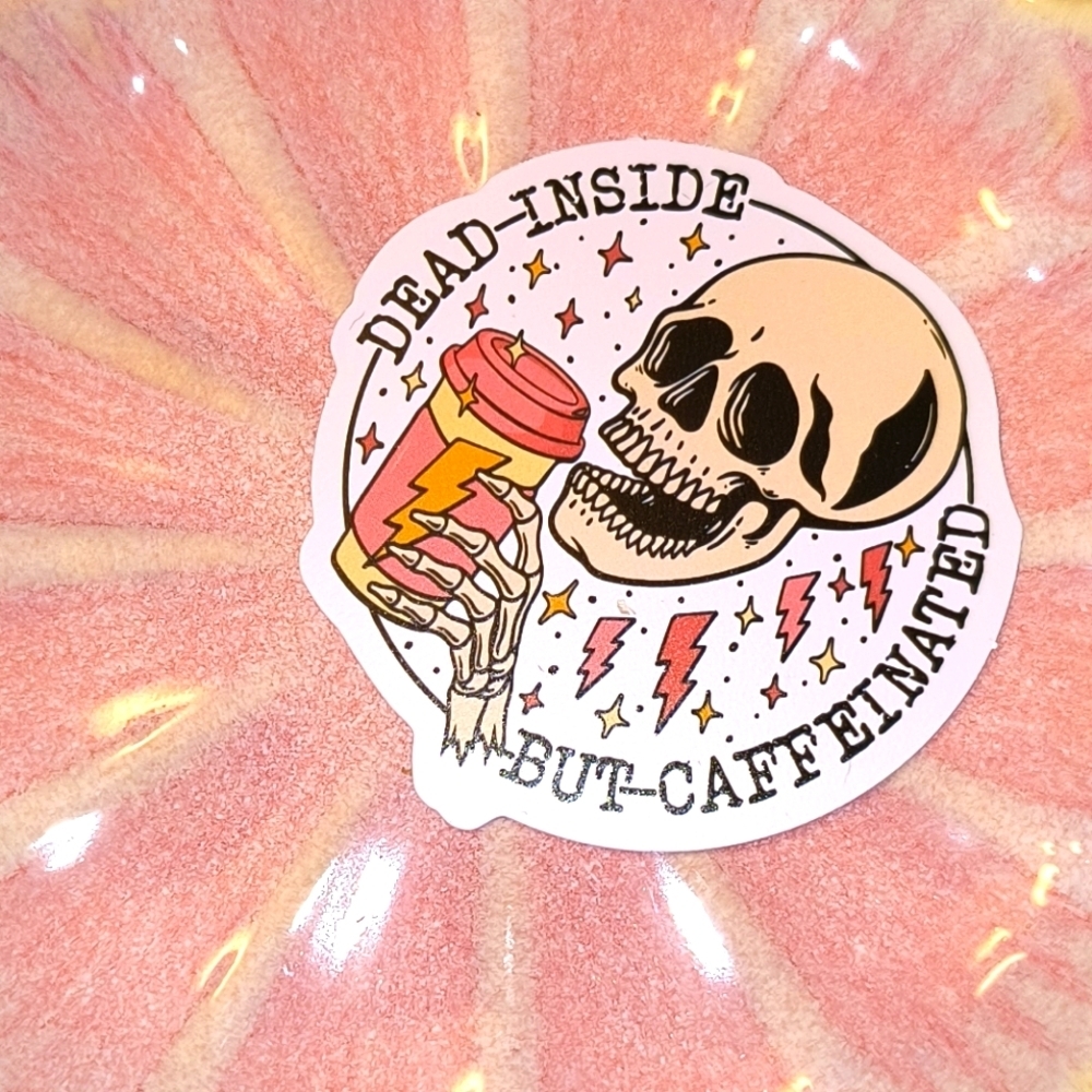 5/$10 pink white skull drinking coffee sticker for laptop phone car cup luggage